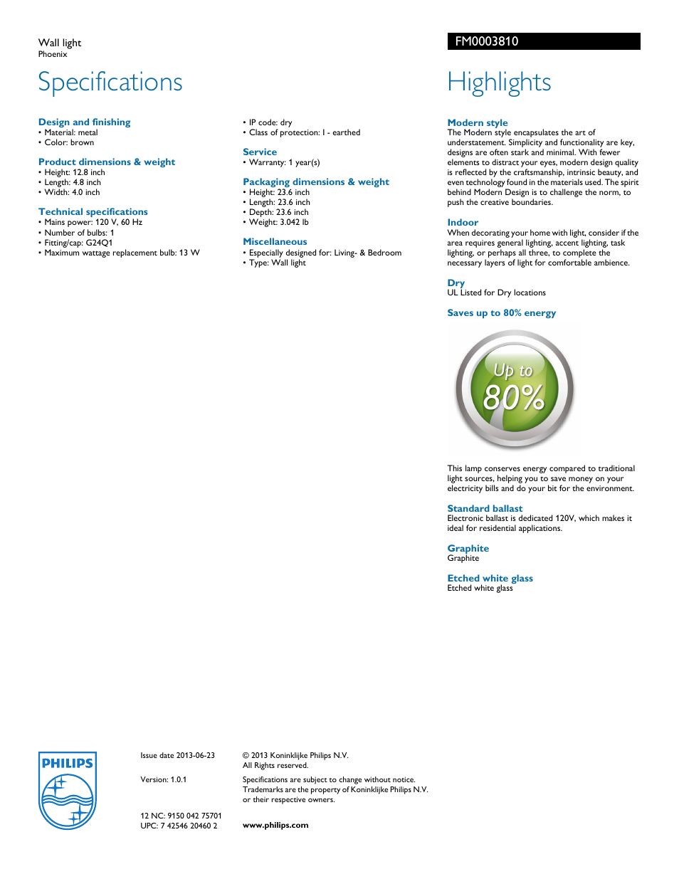 Specifications, Highlights | Philips FM0003810 User Manual | Page 2 / 2