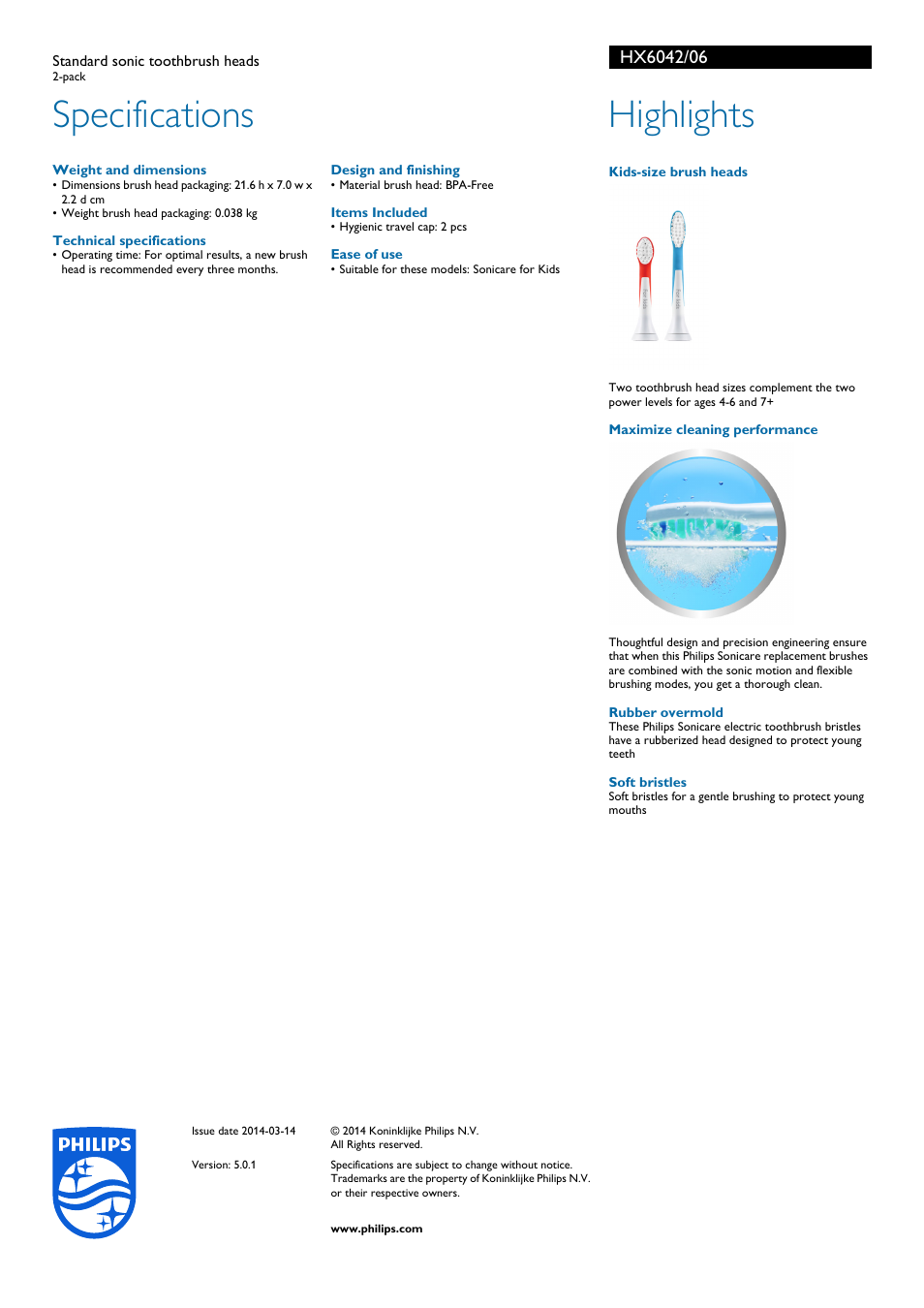 Specifications, Highlights | Philips HX6042-06 User Manual | Page 2 / 2