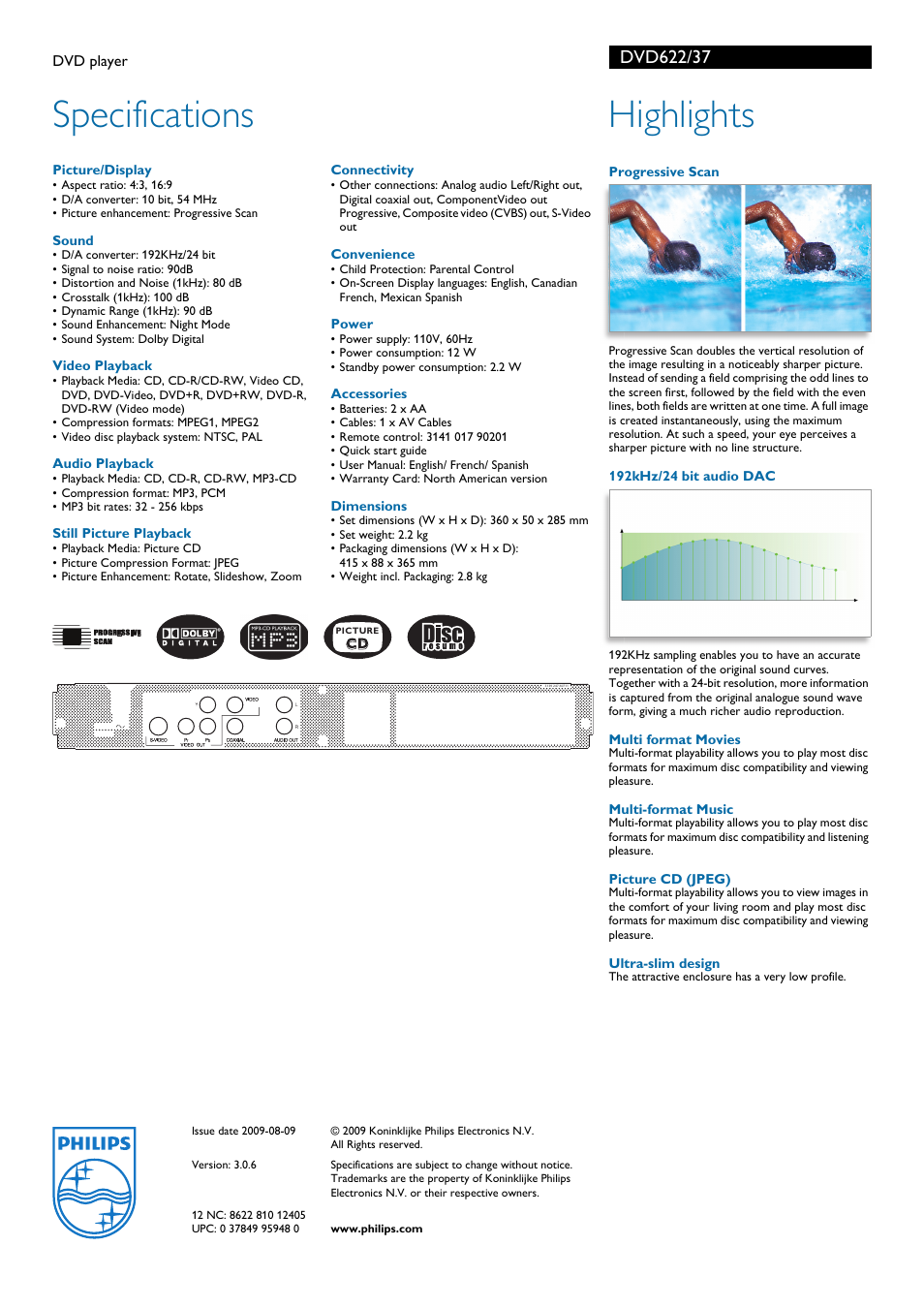 Specifications, Highlights | Philips DVD622-37 User Manual | Page 2 / 2