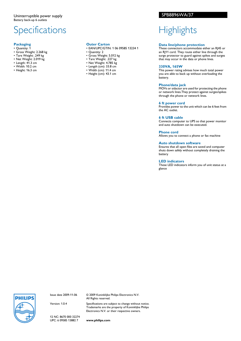 Specifications, Highlights | Philips SPB8896WA-37 User Manual | Page 2 / 2