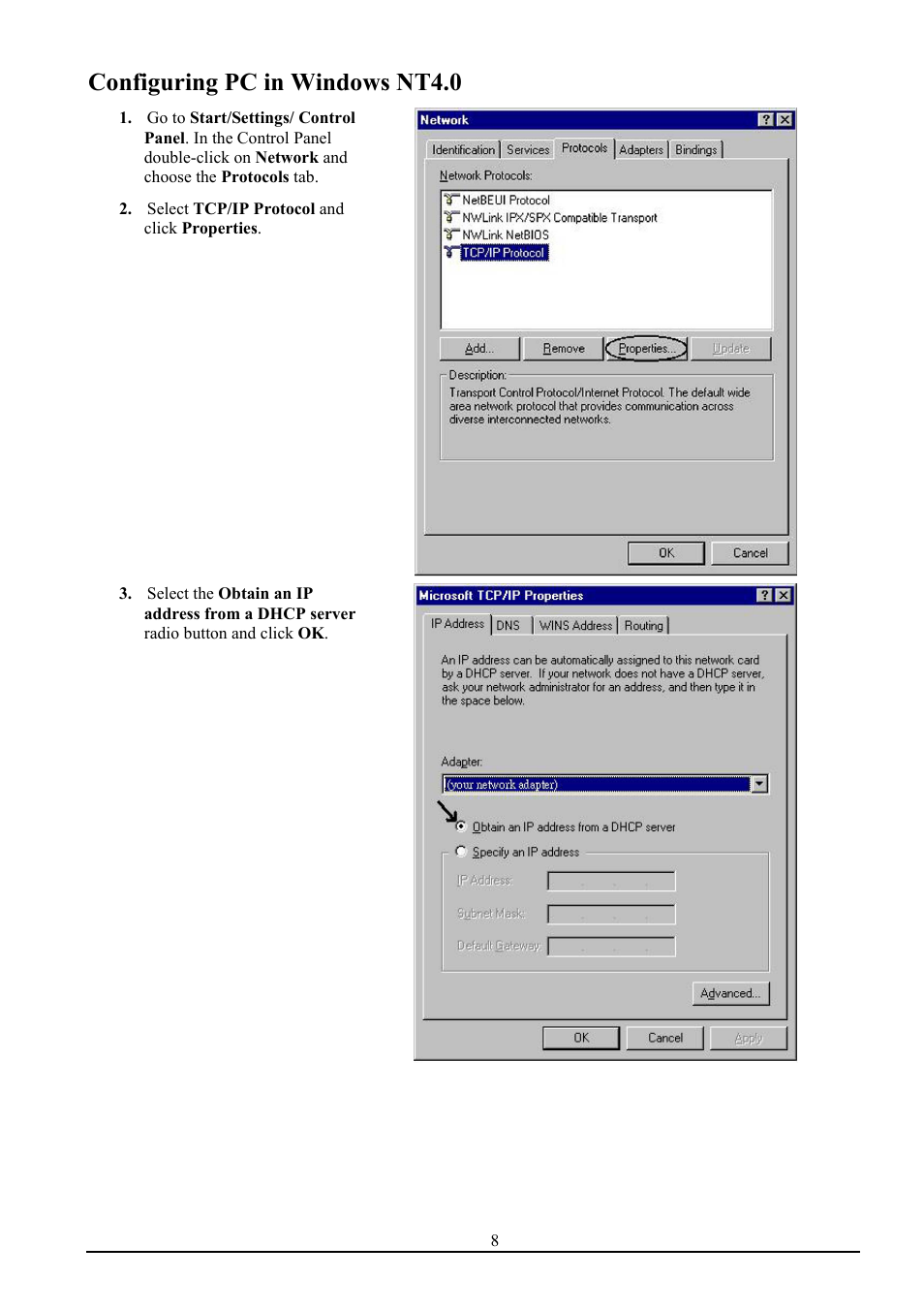 Configuring pc in windows nt4.0 | Atlantis Land ISDN Router with 10/100 LAN port ATLMMR MNE01 User Manual | Page 11 / 39