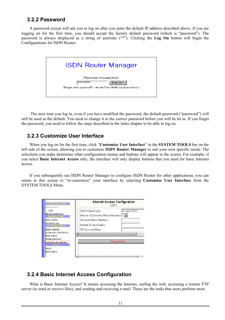 2 password, 3 customize user interface, 4 basic internet access configuration | Atlantis Land ISDN Router with 10/100 LAN port ATLMMR MNE01 User Manual | Page 14 / 39