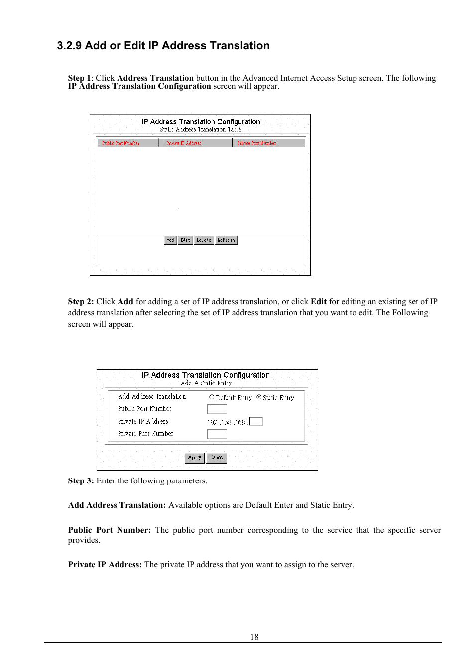 9 add or edit ip address translation | Atlantis Land ISDN Router with 10/100 LAN port ATLMMR MNE01 User Manual | Page 21 / 39