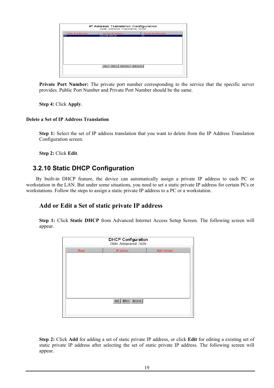 10 static dhcp configuration, Add or edit a set of static private ip address | Atlantis Land ISDN Router with 10/100 LAN port ATLMMR MNE01 User Manual | Page 22 / 39