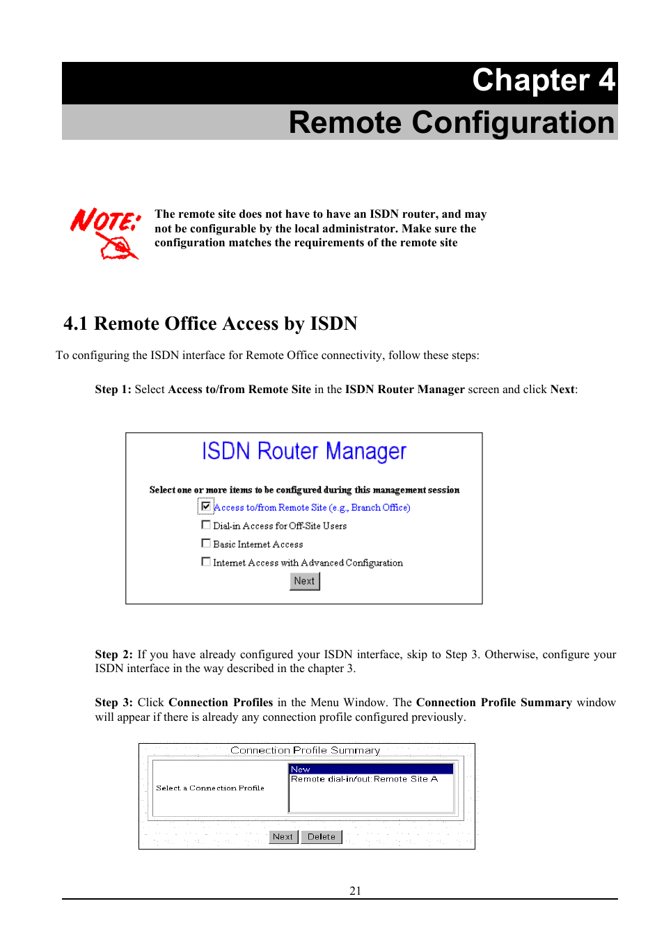 Chapter 4 remote configuration, 1 remote office access by isdn | Atlantis Land ISDN Router with 10/100 LAN port ATLMMR MNE01 User Manual | Page 24 / 39