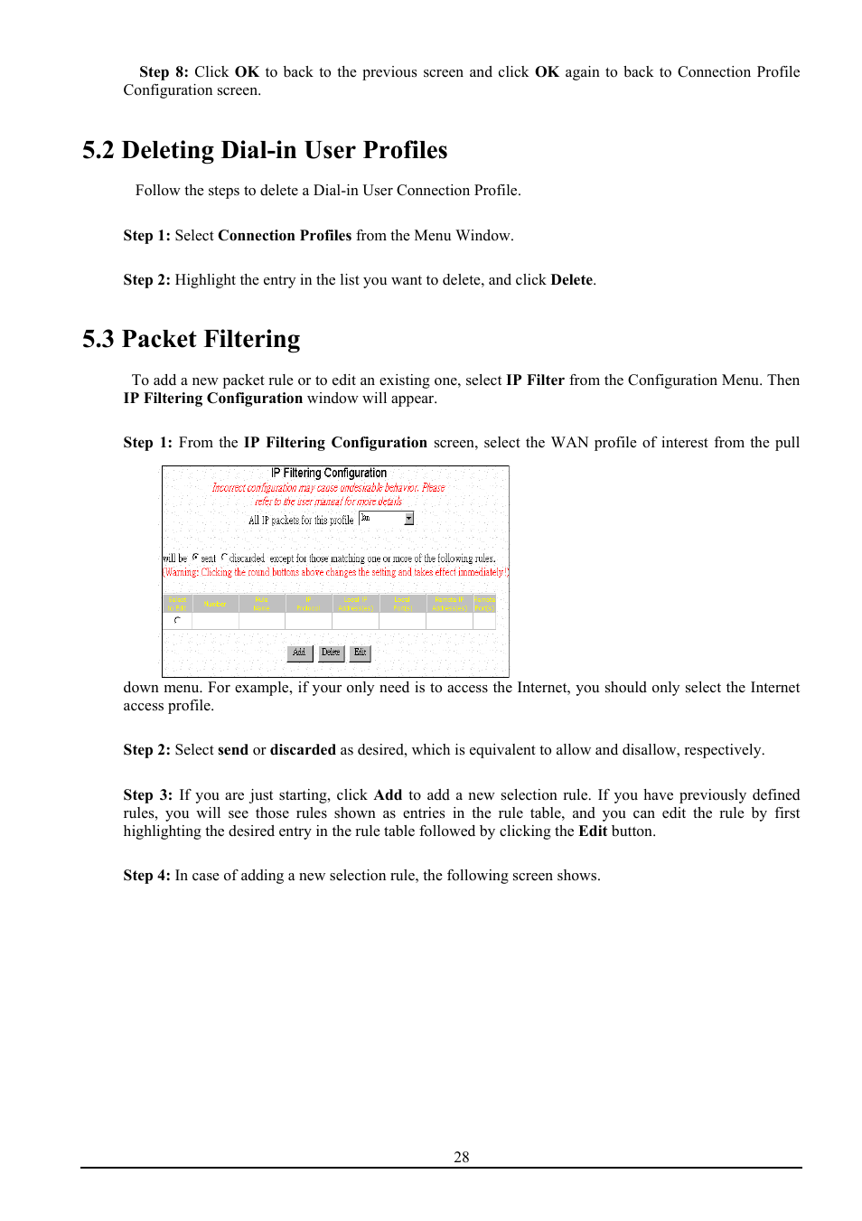 2 deleting dial-in user profiles, 3 packet filtering | Atlantis Land ISDN Router with 10/100 LAN port ATLMMR MNE01 User Manual | Page 31 / 39