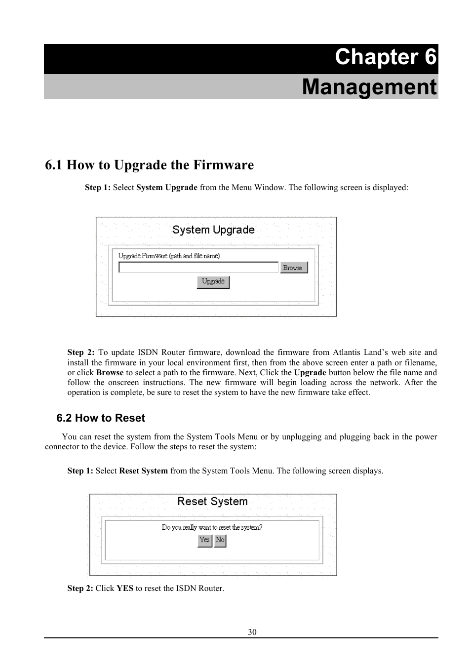 Chapter 6 management, 1 how to upgrade the firmware | Atlantis Land ISDN Router with 10/100 LAN port ATLMMR MNE01 User Manual | Page 33 / 39