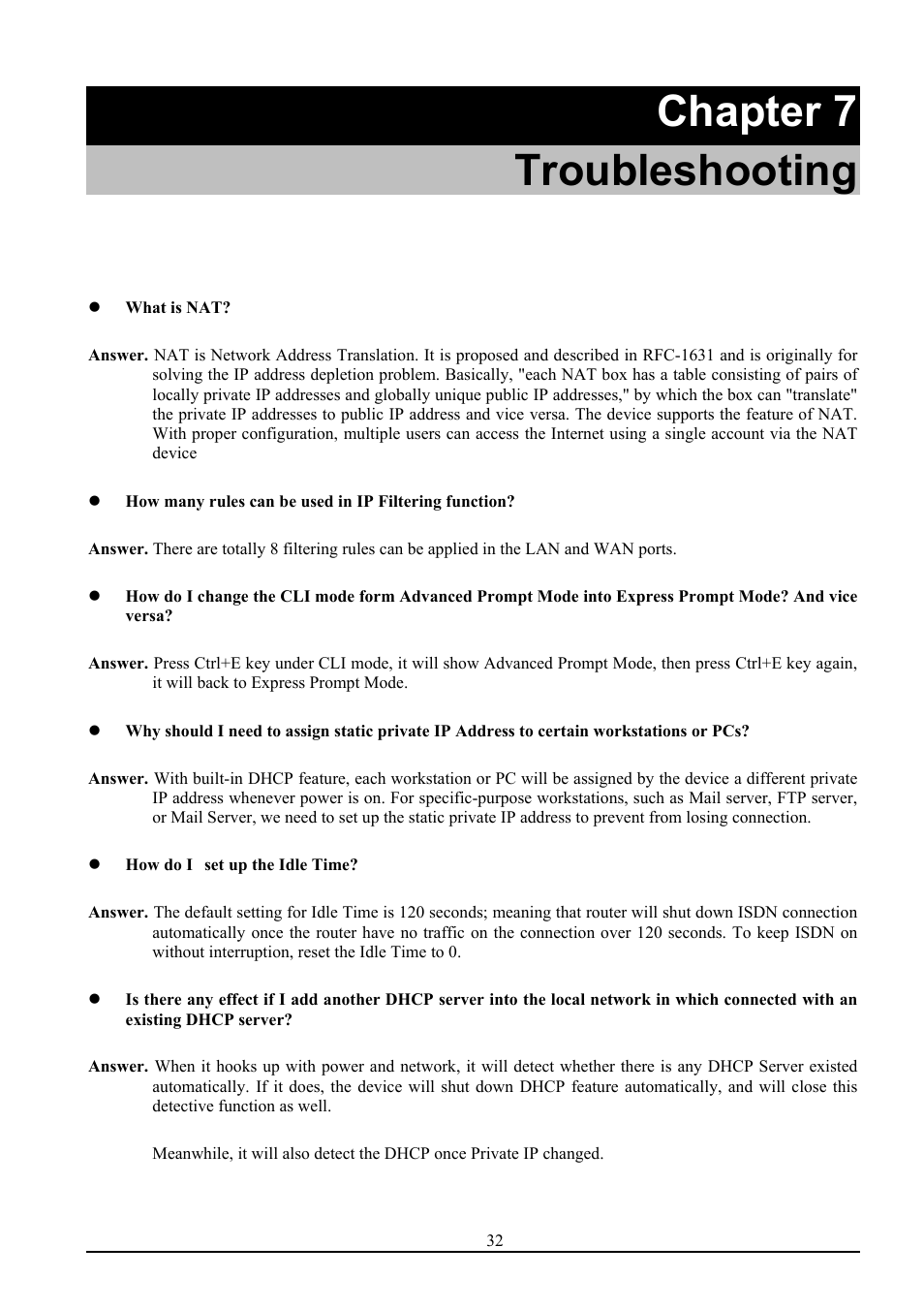 Chapter 7 troubleshooting | Atlantis Land ISDN Router with 10/100 LAN port ATLMMR MNE01 User Manual | Page 35 / 39