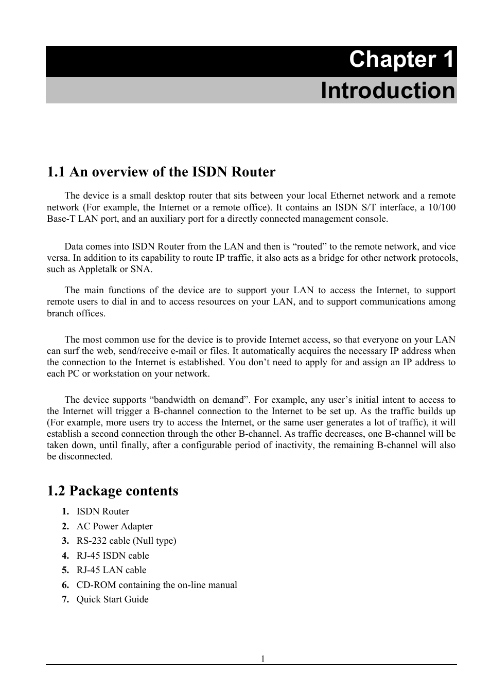 Chapter 1 introduction, 1 an overview of the isdn router, 2 package contents | Atlantis Land ISDN Router with 10/100 LAN port ATLMMR MNE01 User Manual | Page 4 / 39