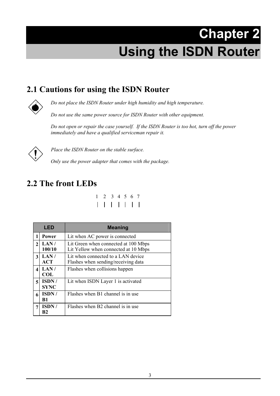 Chapter 2 using the isdn router, 1 cautions for using the isdn router, 2 the front leds | Atlantis Land ISDN Router with 10/100 LAN port ATLMMR MNE01 User Manual | Page 6 / 39