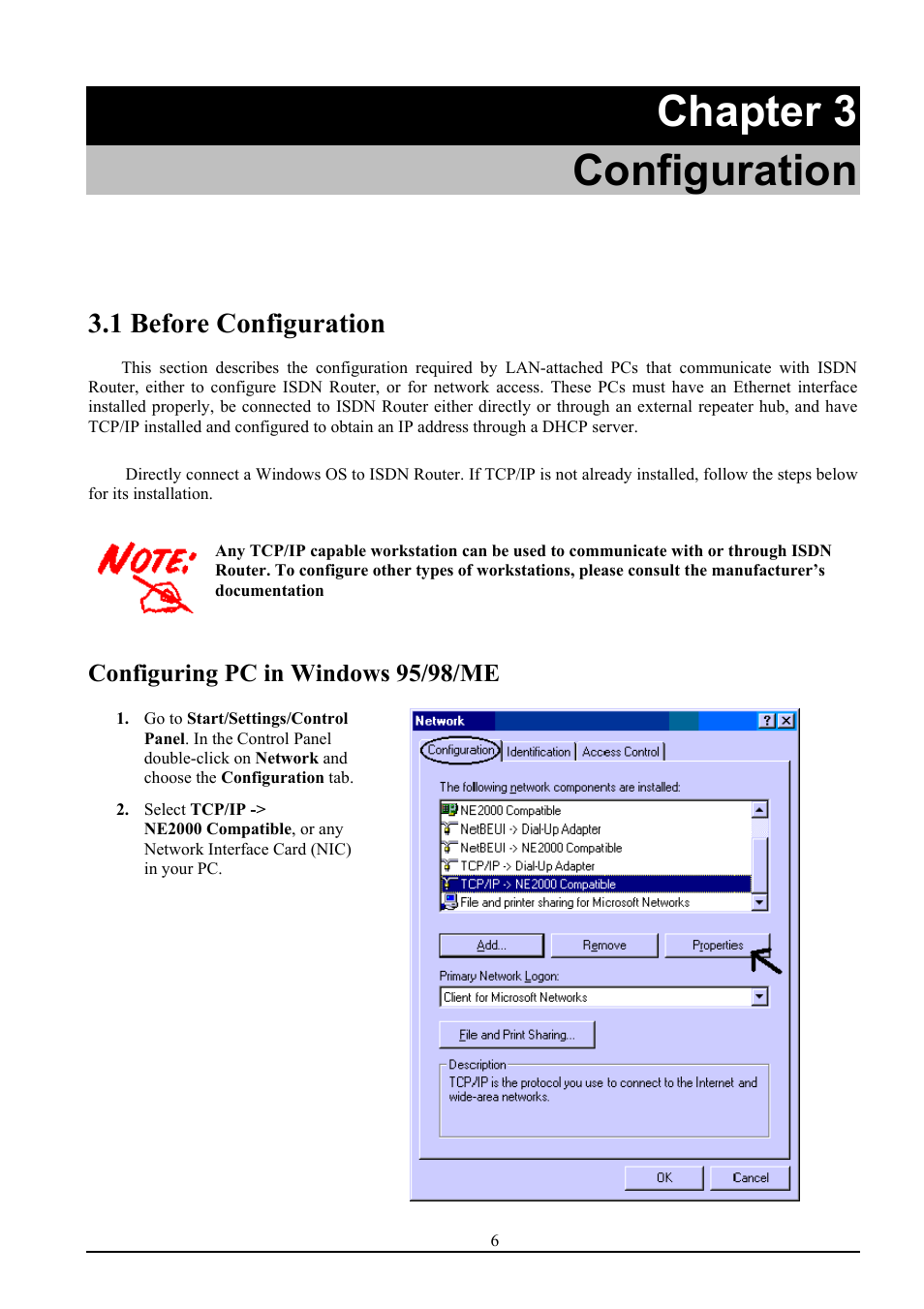 Chapter 3 configuration, 1 before configuration, Configuring pc in windows 95/98/me | Atlantis Land ISDN Router with 10/100 LAN port ATLMMR MNE01 User Manual | Page 9 / 39