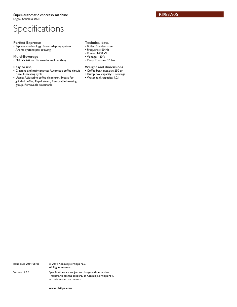 Specifications | Philips RI9837-05 User Manual | Page 3 / 3