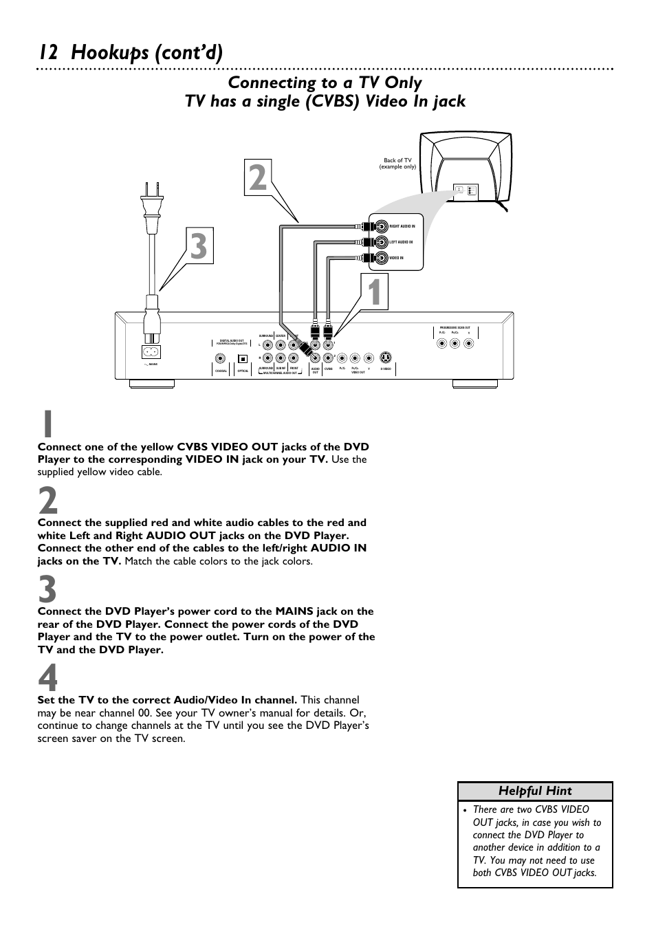 12 hookups (cont’d), Helpful hint | Philips DVD962SA99 User Manual | Page 12 / 56