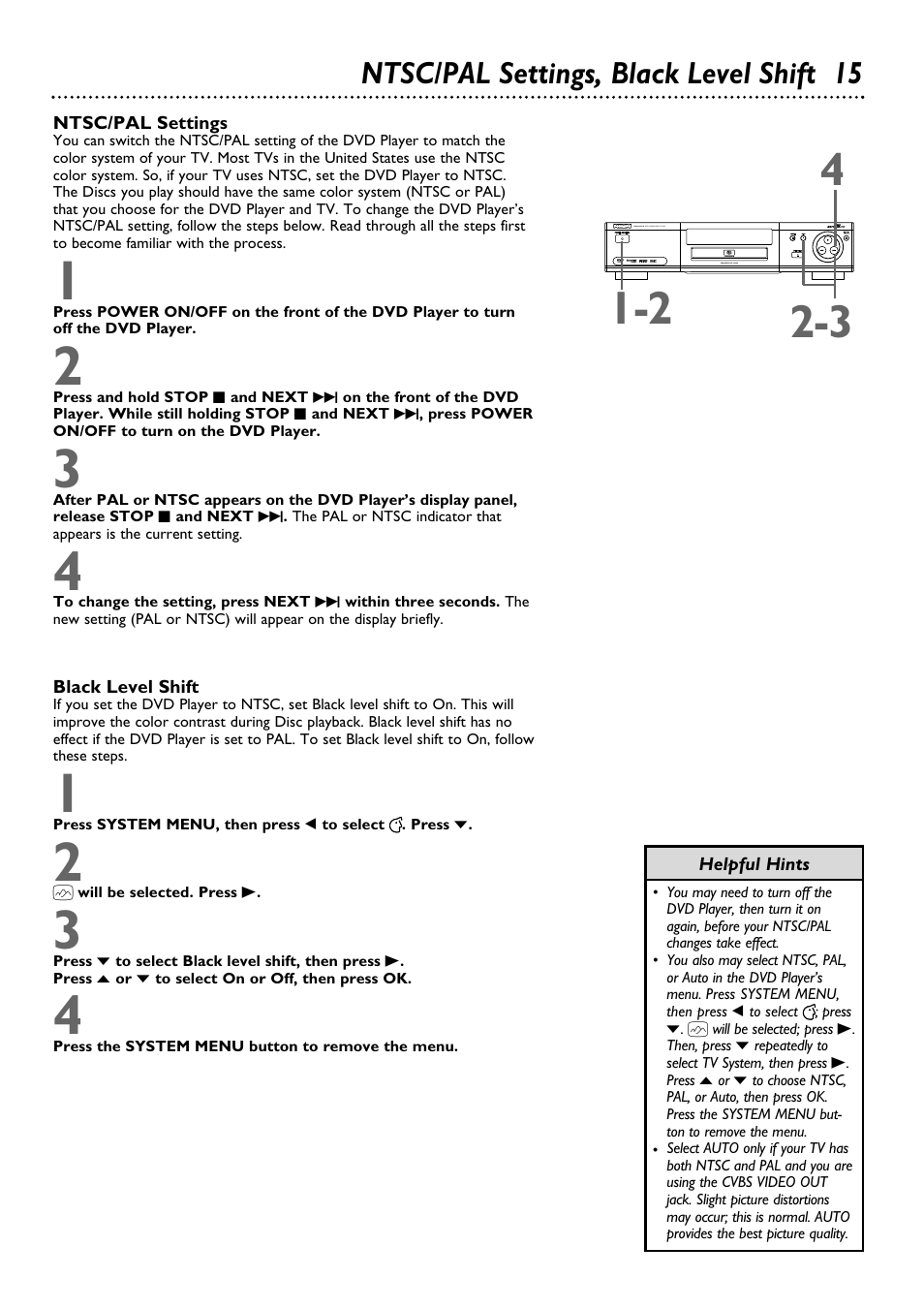 Ntsc/pal settings, black level shift 15 | Philips DVD962SA99 User Manual | Page 15 / 56