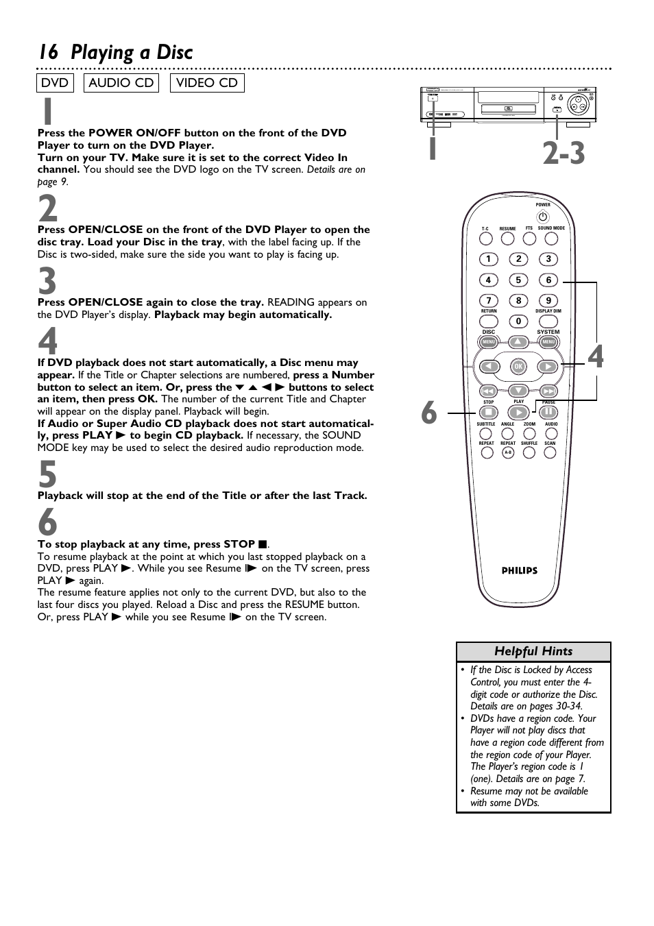 16 playing a disc | Philips DVD962SA99 User Manual | Page 16 / 56