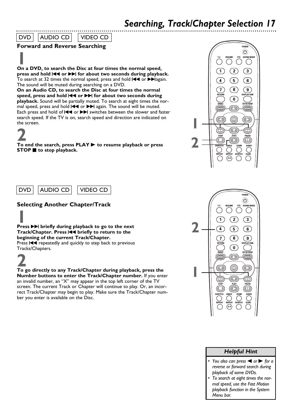 Searching, track/chapter selection 17, Forward and reverse searching, Selecting another chapter/track | Dvd audio cd dvd audio cd video cd video cd, Helpful hint | Philips DVD962SA99 User Manual | Page 17 / 56