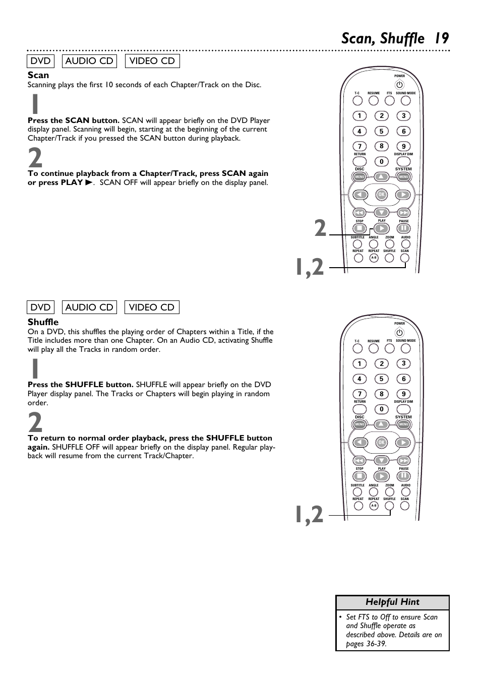 Scan, shuffle 19, Scan, Helpful hint | Philips DVD962SA99 User Manual | Page 19 / 56