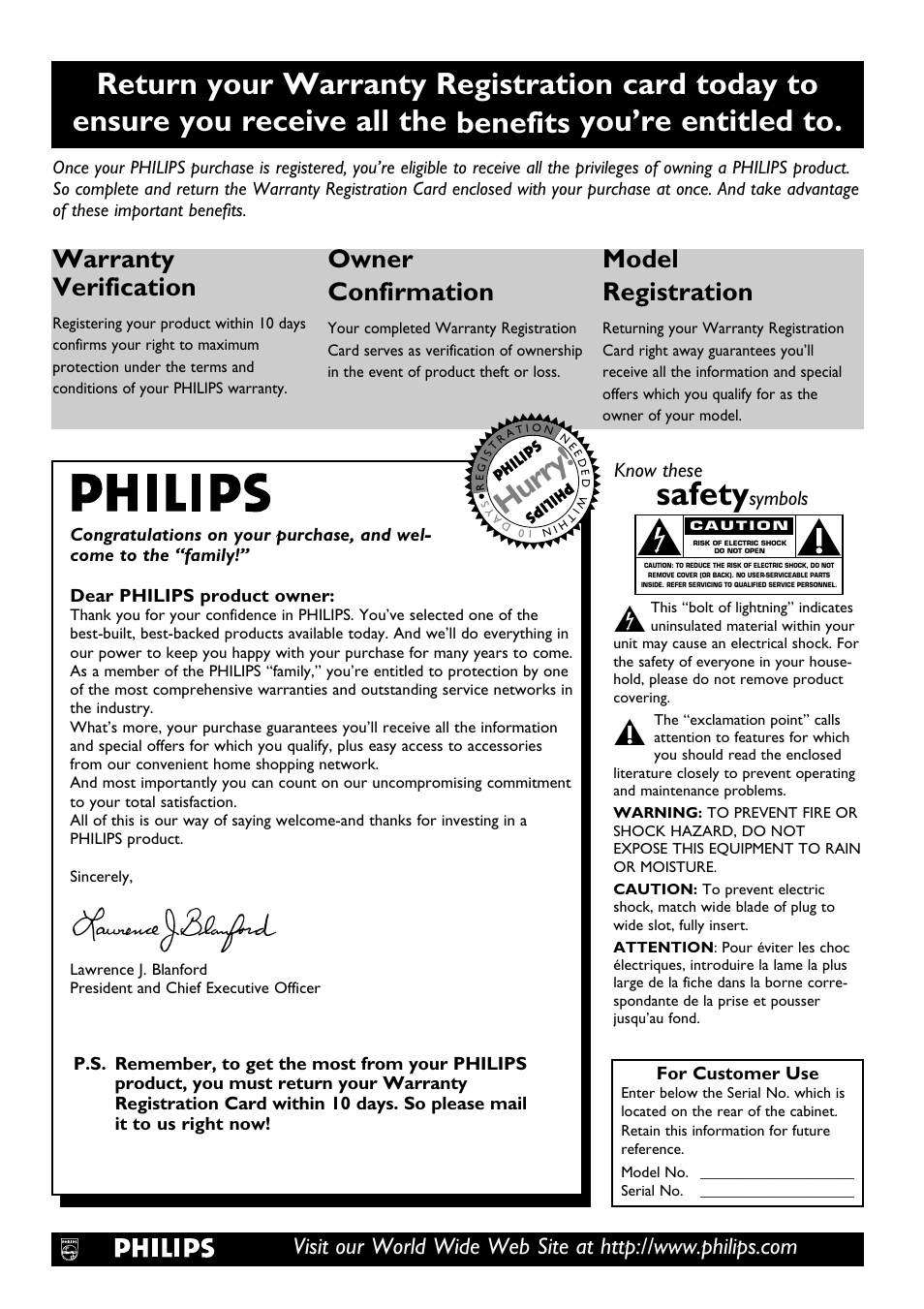 Safety, Hurry, Warranty verification | Owner confirmation, Model registration, Know these, Symbols | Philips DVD962SA99 User Manual | Page 2 / 56