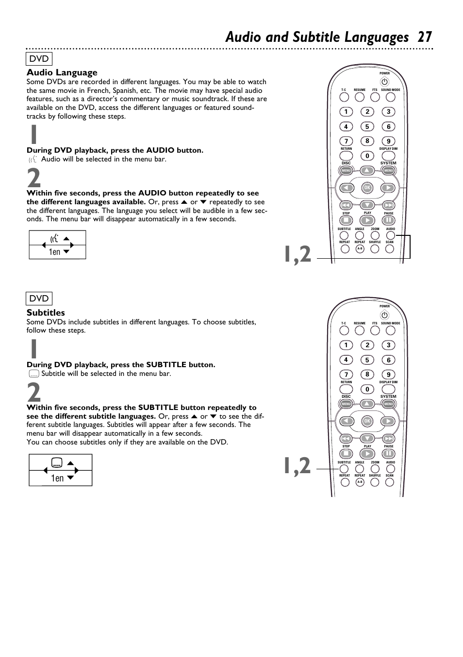 Audio and subtitle languages 27, Audio language, Subtitles | Philips DVD962SA99 User Manual | Page 27 / 56