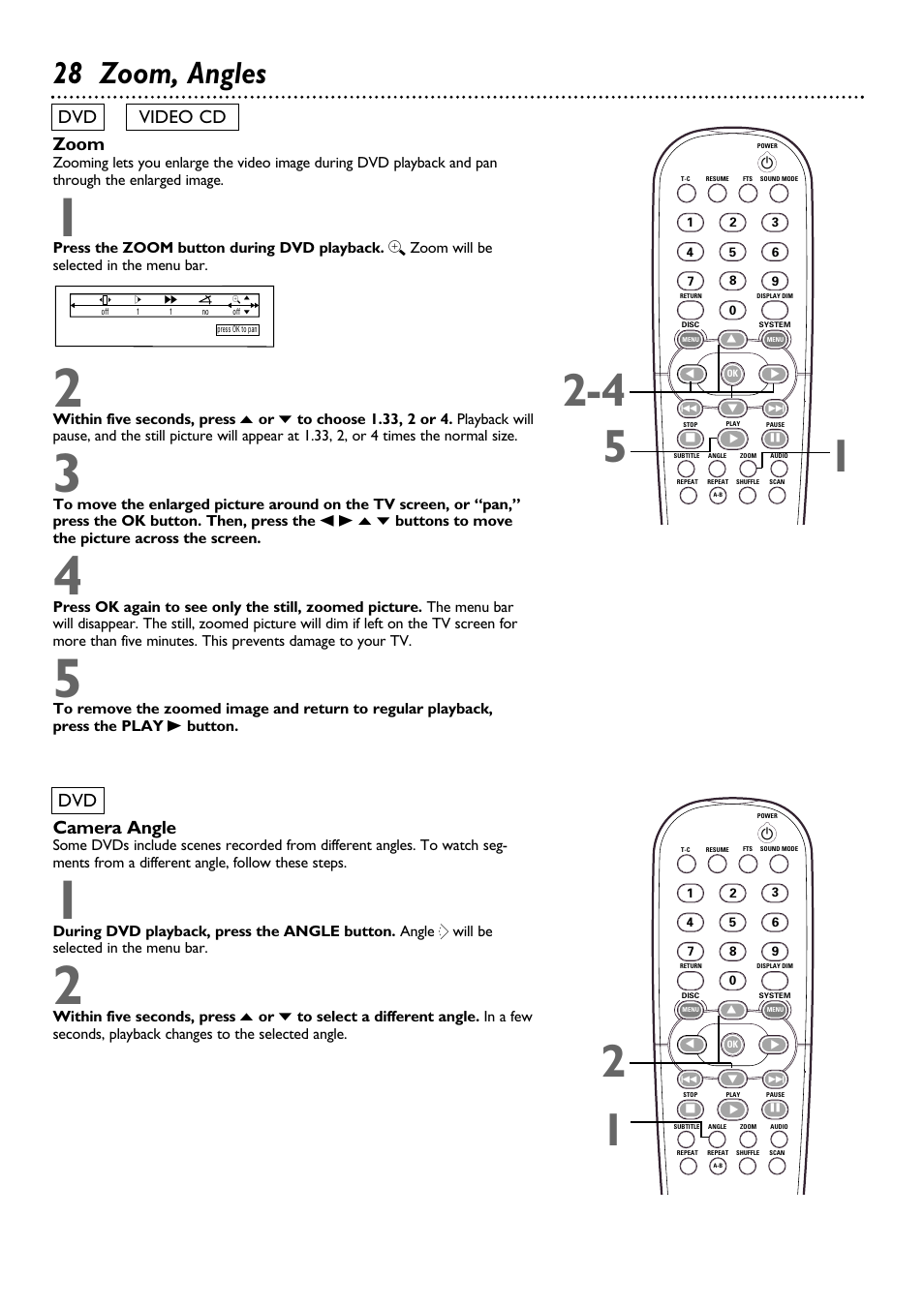 28 zoom, angles, Zoom, Camera angle | Dvd video cd dvd | Philips DVD962SA99 User Manual | Page 28 / 56