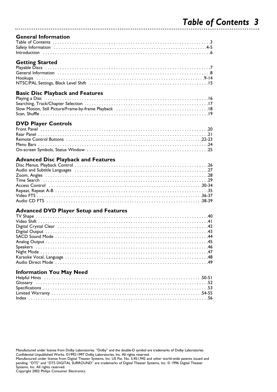 Table of contents 3 | Philips DVD962SA99 User Manual | Page 3 / 56