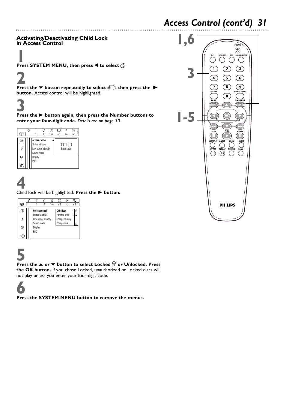 Access control (cont’d) 31 | Philips DVD962SA99 User Manual | Page 31 / 56