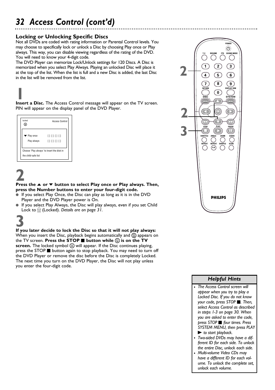 32 access control (cont’d), Locking or unlocking specific discs, Helpful hints | Philips DVD962SA99 User Manual | Page 32 / 56