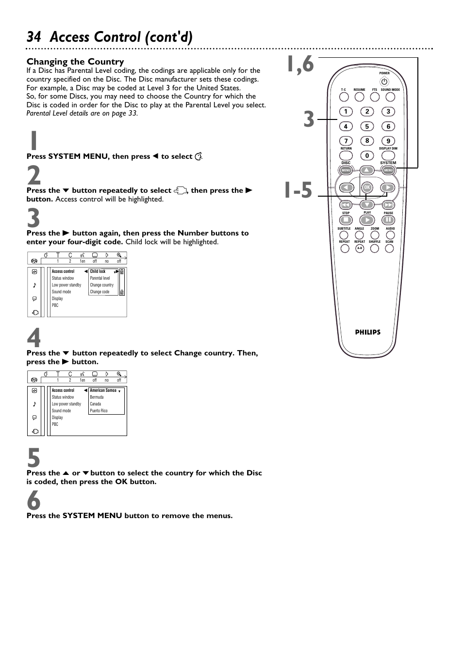 34 access control (cont'd), Changing the country | Philips DVD962SA99 User Manual | Page 34 / 56