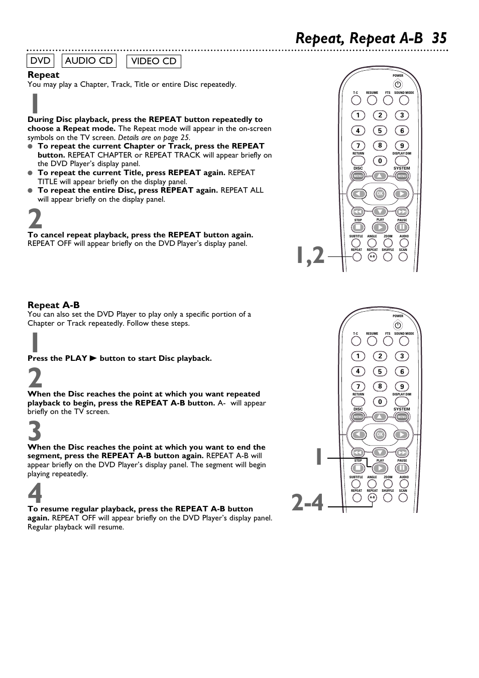 Repeat, repeat a-b 35, Repeat, Repeat a-b | Dvd audio cd video cd | Philips DVD962SA99 User Manual | Page 35 / 56