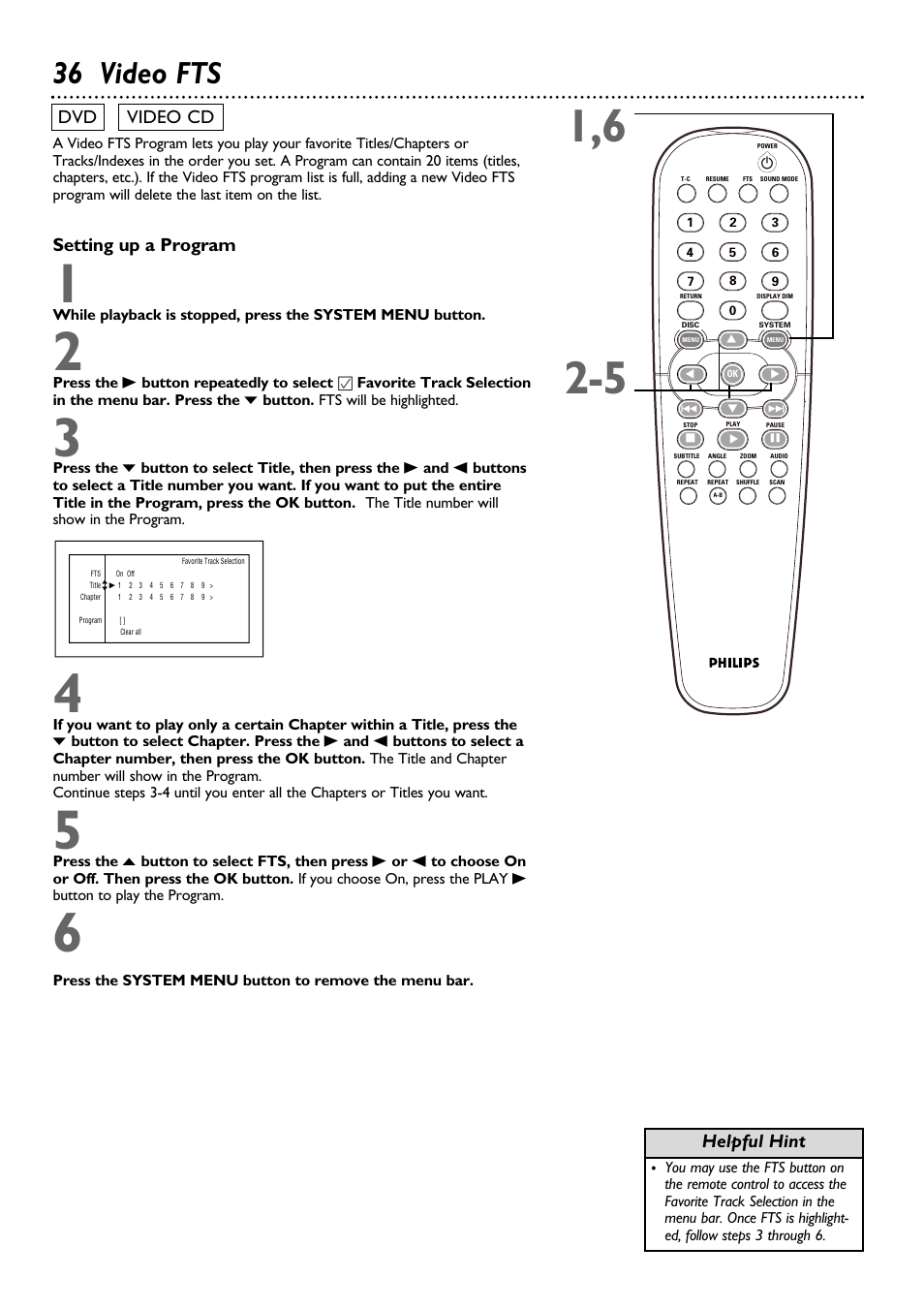 36 video fts, Setting up a program, Dvd video cd | Helpful hint | Philips DVD962SA99 User Manual | Page 36 / 56