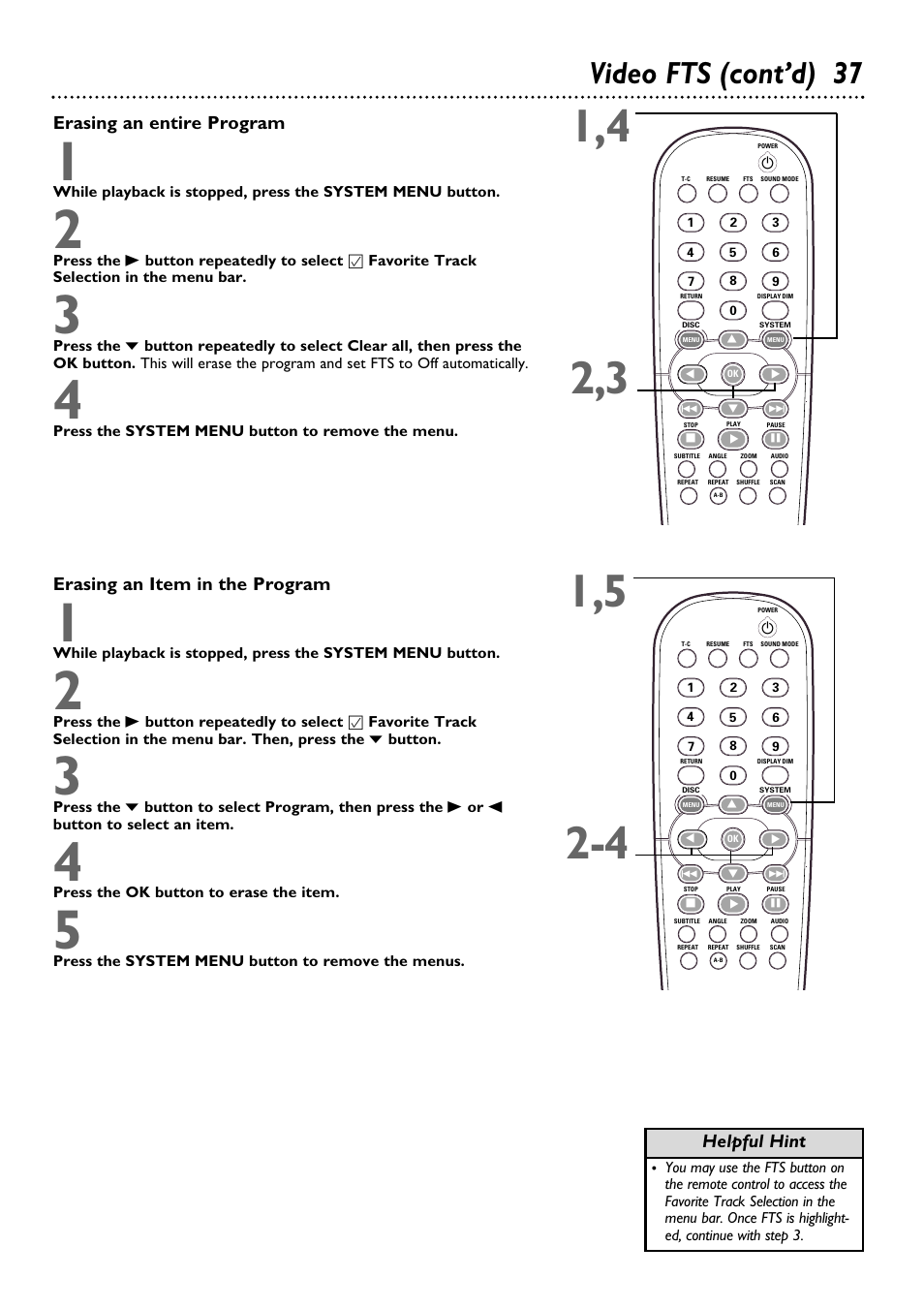 Video fts (cont’d) 37, Erasing an entire program, Erasing an item in the program | Helpful hint | Philips DVD962SA99 User Manual | Page 37 / 56