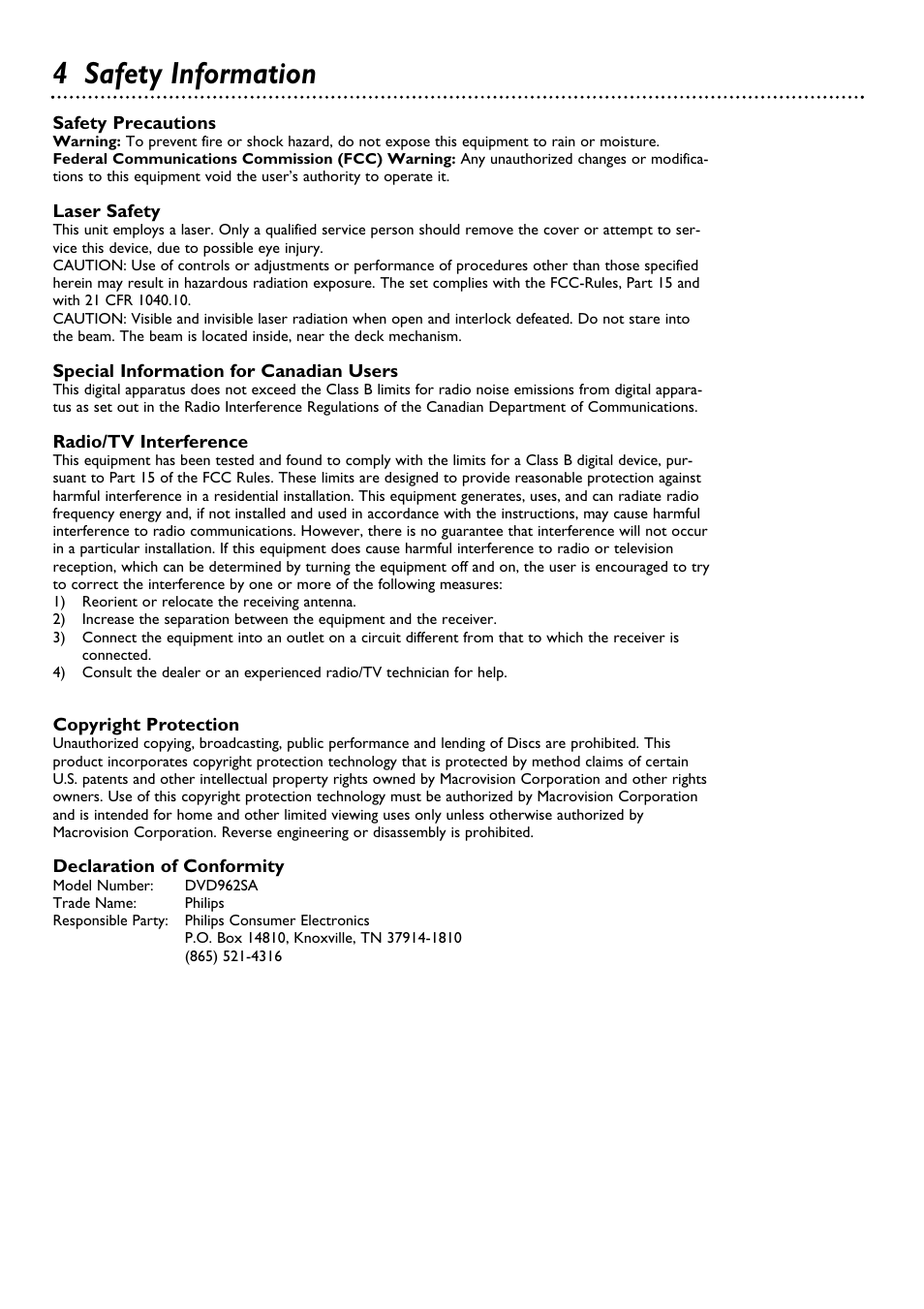 4 safety information | Philips DVD962SA99 User Manual | Page 4 / 56