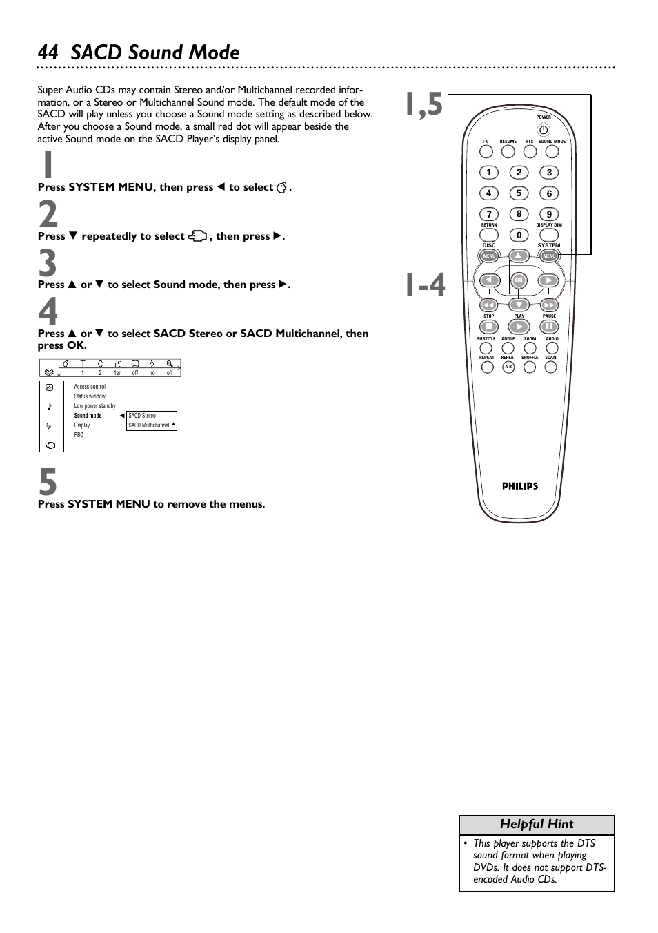 44 sacd sound mode, Helpful hint | Philips DVD962SA99 User Manual | Page 44 / 56