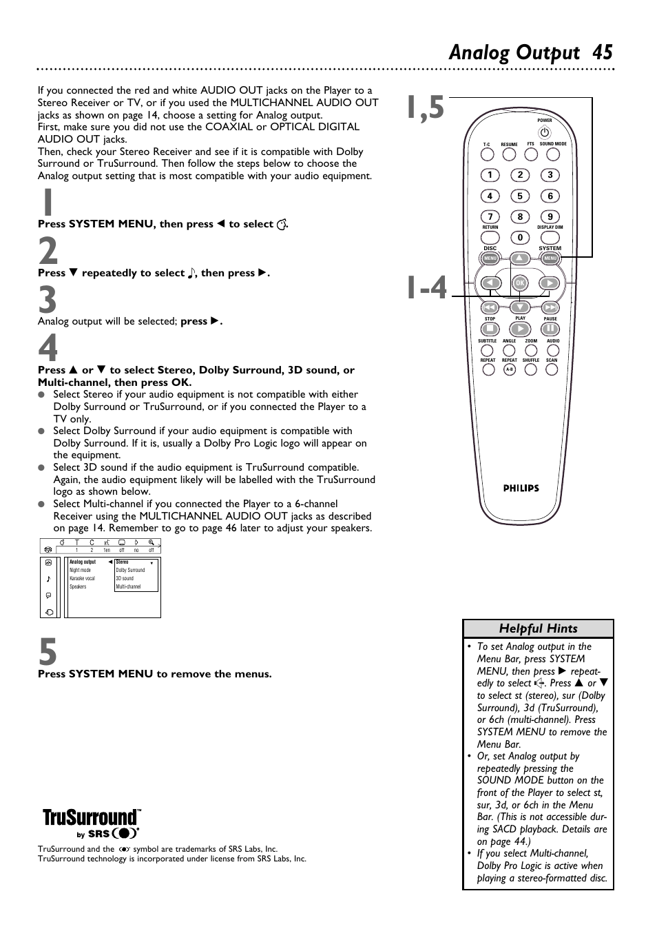 Analog output 45, Helpful hints | Philips DVD962SA99 User Manual | Page 45 / 56