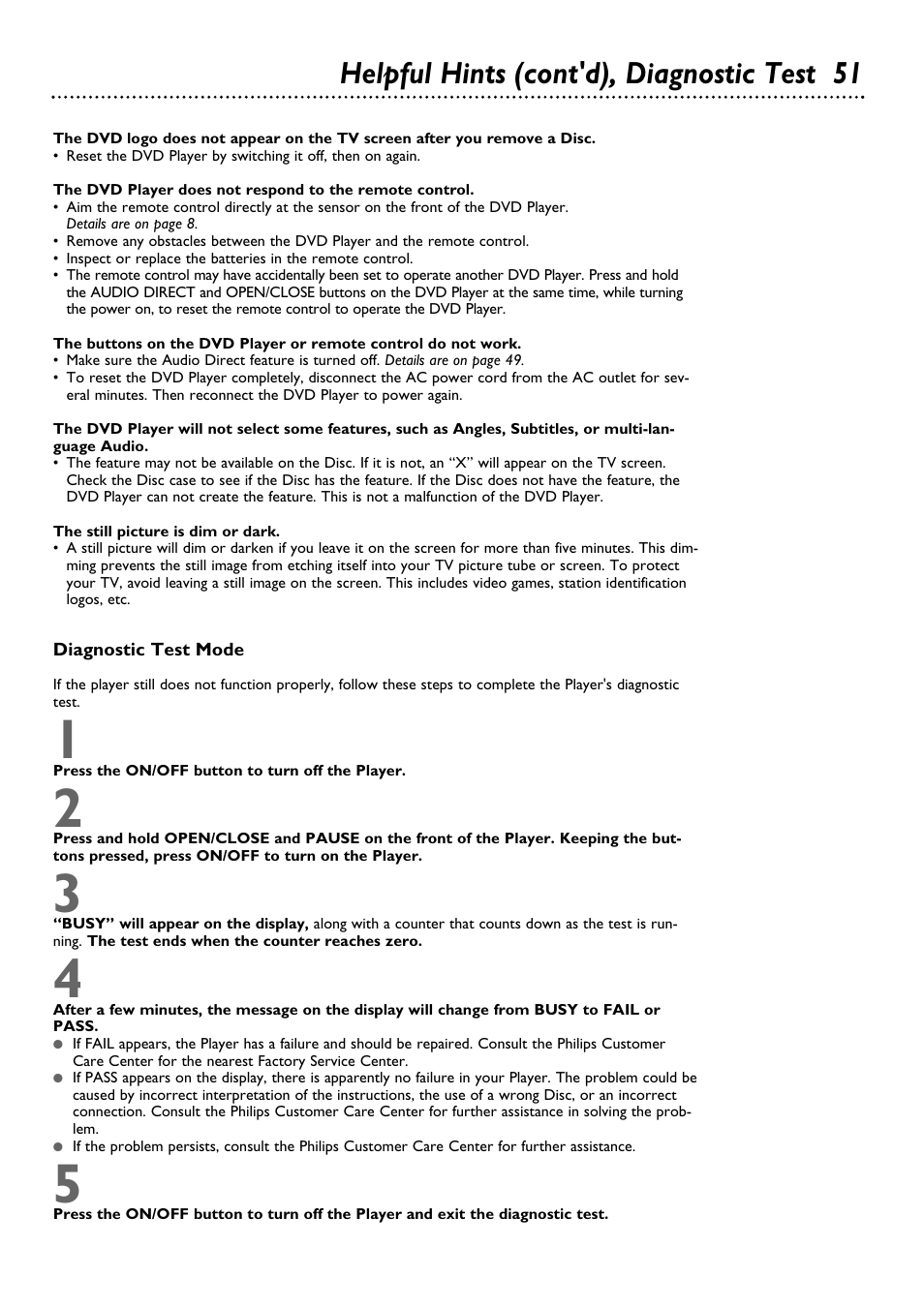 Helpful hints (cont'd), diagnostic test 51 | Philips DVD962SA99 User Manual | Page 51 / 56