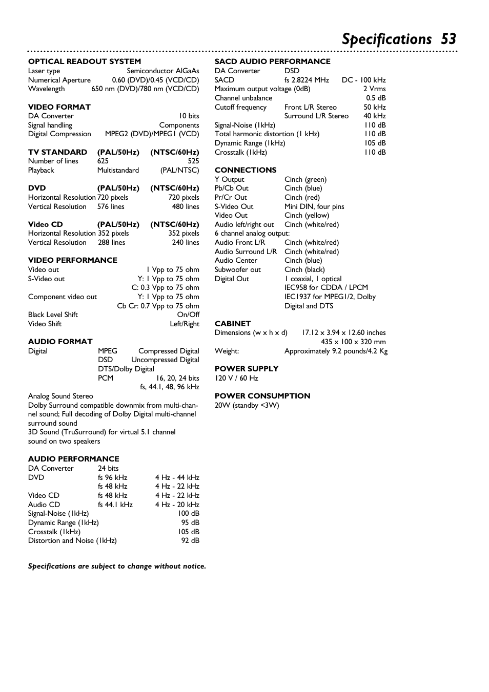 Specifications 53 | Philips DVD962SA99 User Manual | Page 53 / 56