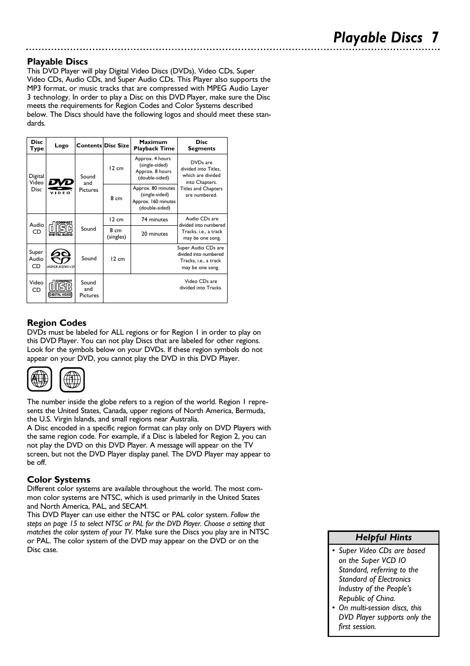 Playable discs 7, Playable discs, Region codes | Color systems, Helpful hints | Philips DVD962SA99 User Manual | Page 7 / 56