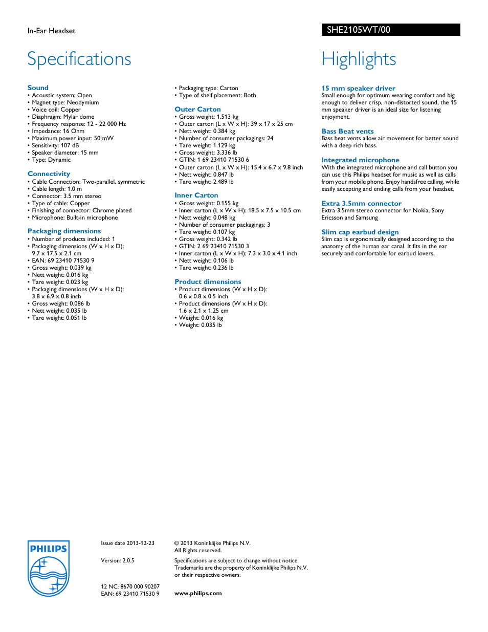 Specifications, Highlights | Philips SHE2105WT-00 User Manual | Page 2 / 2