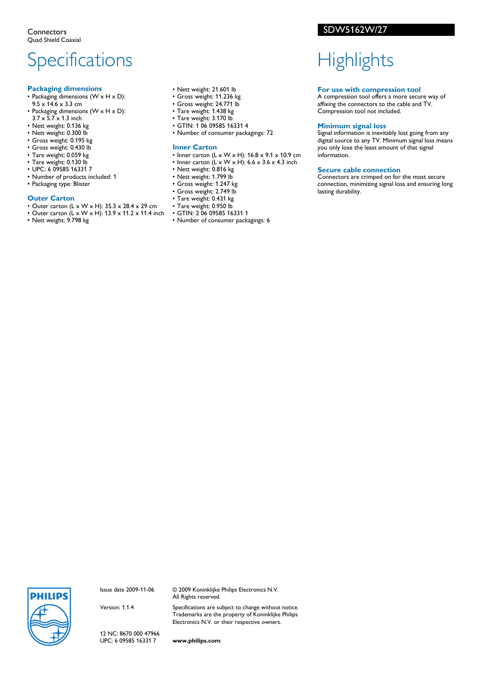 Specifications, Highlights | Philips SDW5162W-27 User Manual | Page 2 / 2