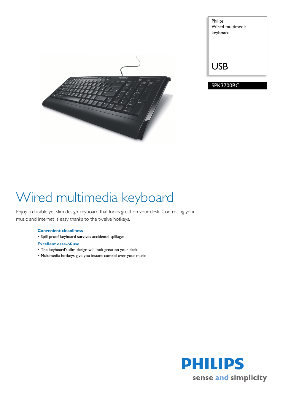 Philips Wired multimedia keyboard SPK3700BC USB User Manual | 2 pages