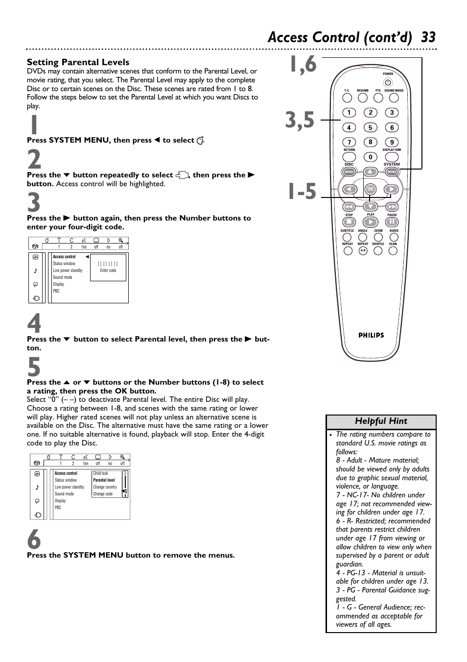 Access control (cont’d) 33, Setting parental levels, Helpful hint | Philips DVD962SA User Manual | Page 33 / 56