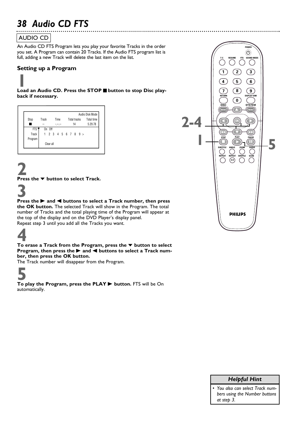 38 audio cd fts, Setting up a program, Helpful hint audio cd | Philips DVD962SA User Manual | Page 38 / 56