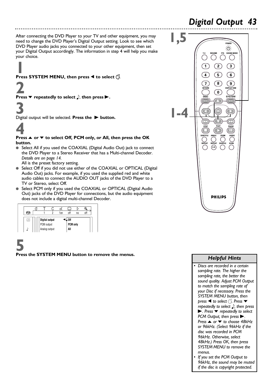 Digital output 43, Helpful hints | Philips DVD962SA User Manual | Page 43 / 56