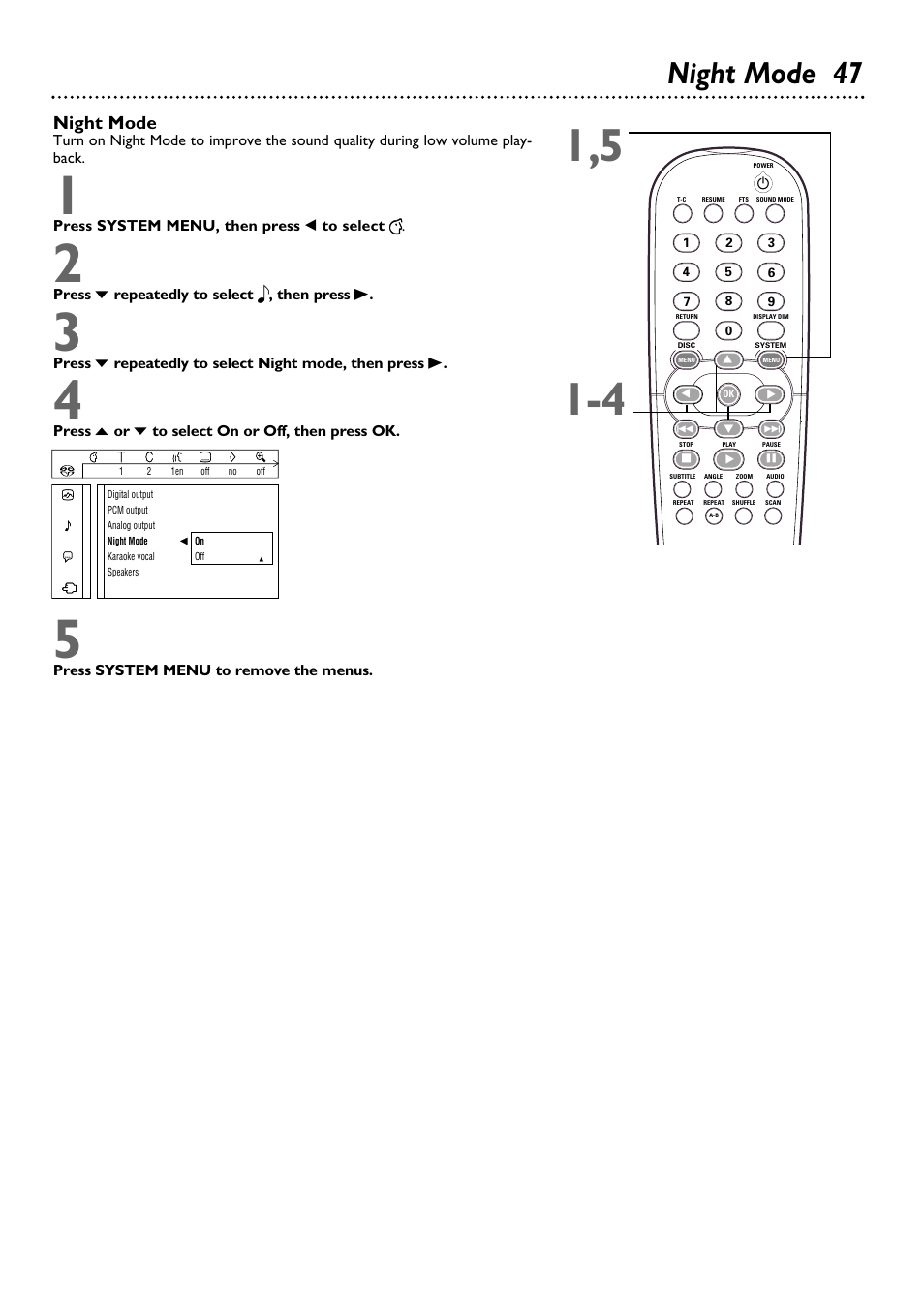 Night mode 47, Night mode | Philips DVD962SA User Manual | Page 47 / 56