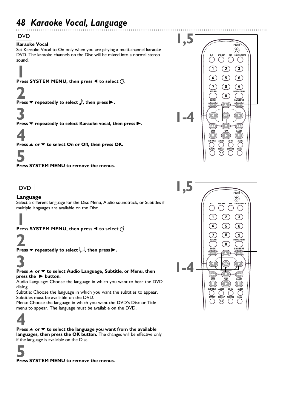 48 karaoke vocal, language | Philips DVD962SA User Manual | Page 48 / 56