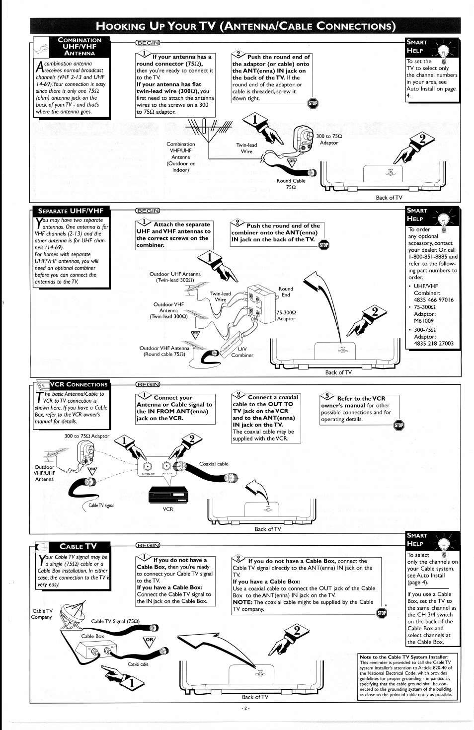 Connect a coaxial cable to the out to, Tv (a, Ooking | Ntenna, Able, Onnections | Philips PR1335B User Manual | Page 2 / 8