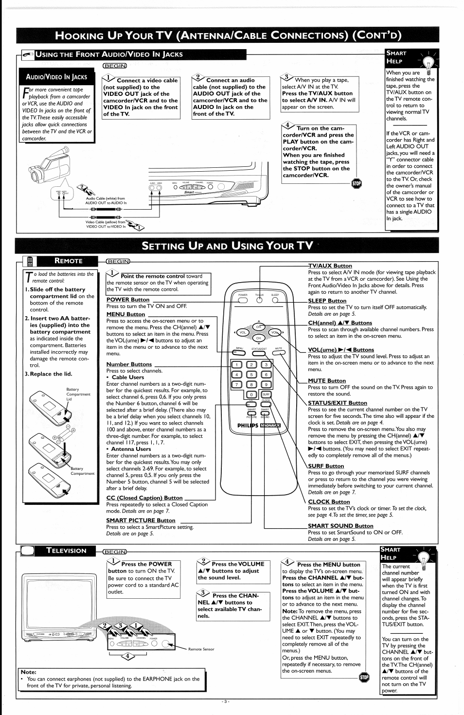 Using the front audio/video in jacks, Audio/video in jacks, Television | Using the front audioa^ideo in jacks, Tv (a, Ooking, Ntenna, Able, Onnections, Etting | Philips PR1335B User Manual | Page 3 / 8