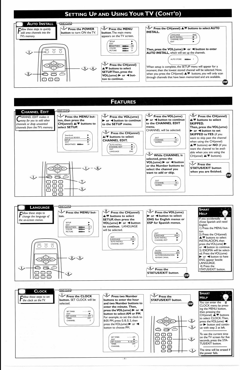 P auto install, Press the ch(annel) a/t buttons to select auto, Then, press the vol(ume) ► or ◄ button to enter | Channel edit, Press the ch(annel) a/v buttons to select, Press the vol(ume) ► or ^ button to continue, Press the, Language, Press the menu but, Press the status/exit button | Philips PR1335B User Manual | Page 4 / 8