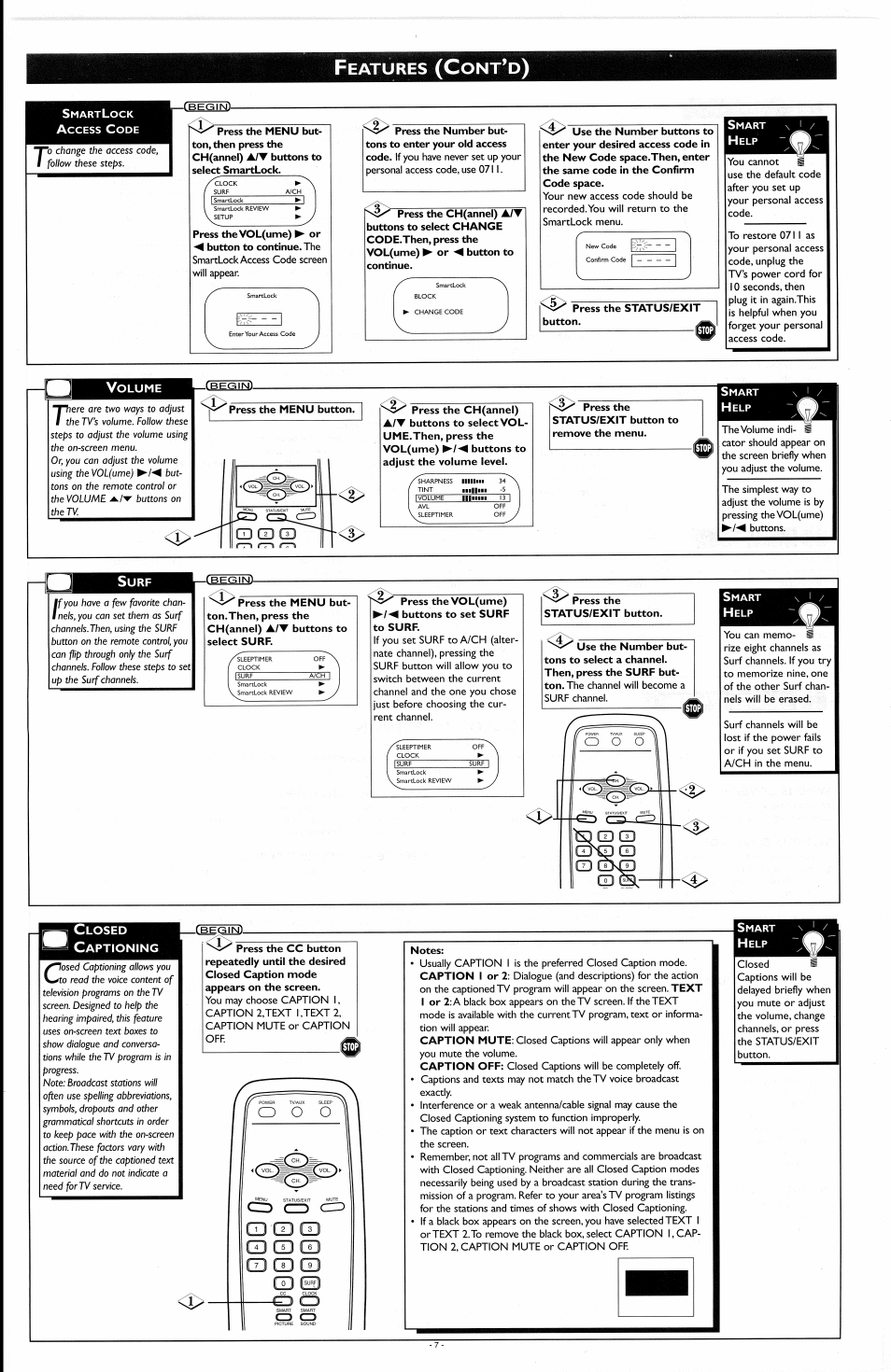 Press the status/exit button, Volume, Press the menu button | Surf, Press the vol(ume) ►/^ buttons to set surf, Closed, Captioning, Notes, Eatures | Philips PR1335B User Manual | Page 7 / 8