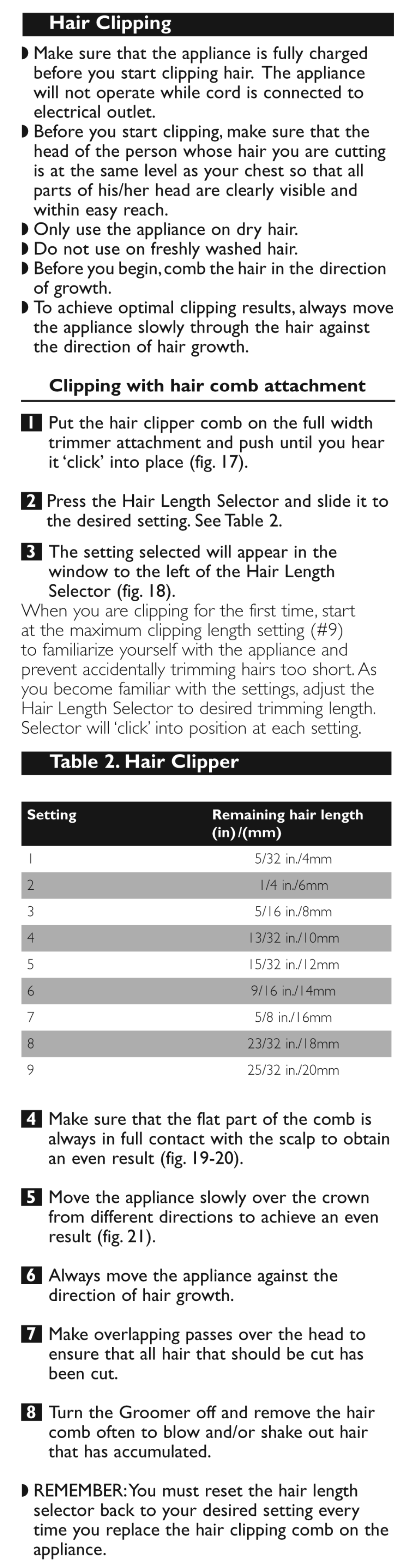 Clipping with hair comb attachment, Hair clipping | Philips G470-30 User Manual | Page 10 / 13